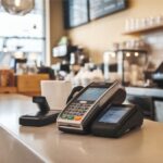 The image depicts a contemporary café environment with a focus on efficient POS equipment, showcasing a sleek credit card terminal, a wireless 4G device, a PIN pad, and a barcode scanner, all set against a neutral background that highlights the technology within a warmly lit, inviting atmosphere.