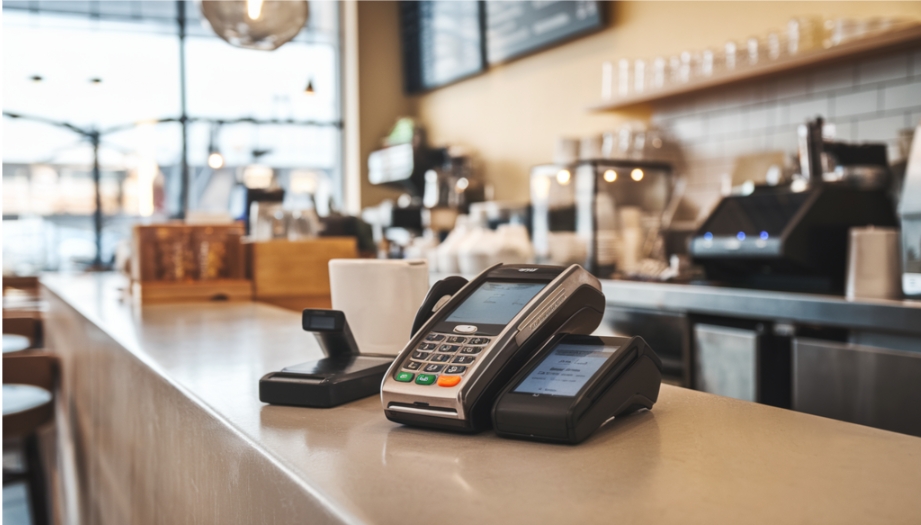 The image depicts a contemporary café environment with a focus on efficient POS equipment, showcasing a sleek credit card terminal, a wireless 4G device, a PIN pad, and a barcode scanner, all set against a neutral background that highlights the technology within a warmly lit, inviting atmosphere.